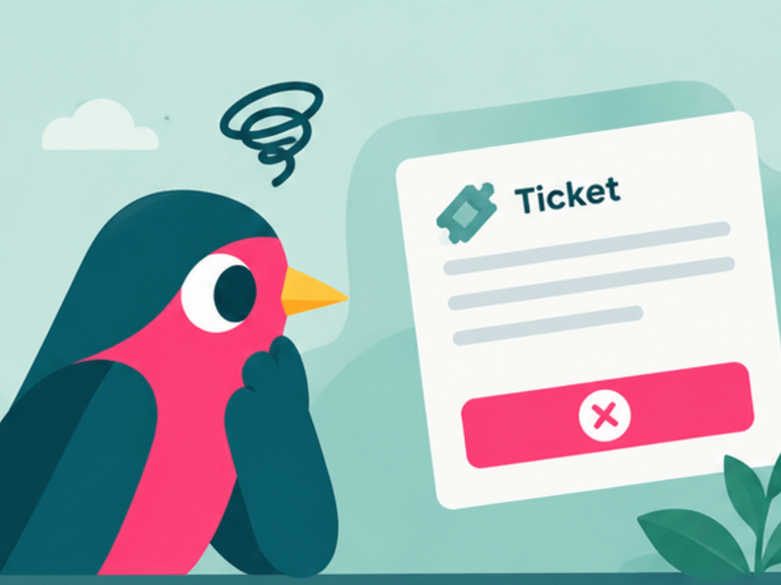 A puzzled MiceBird bird looking at a ticket form whose pay button shows a red cross