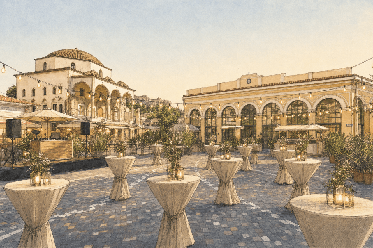 The generated visual: the same square in evening light, with cocktail tables, candlelight and festoon lighting