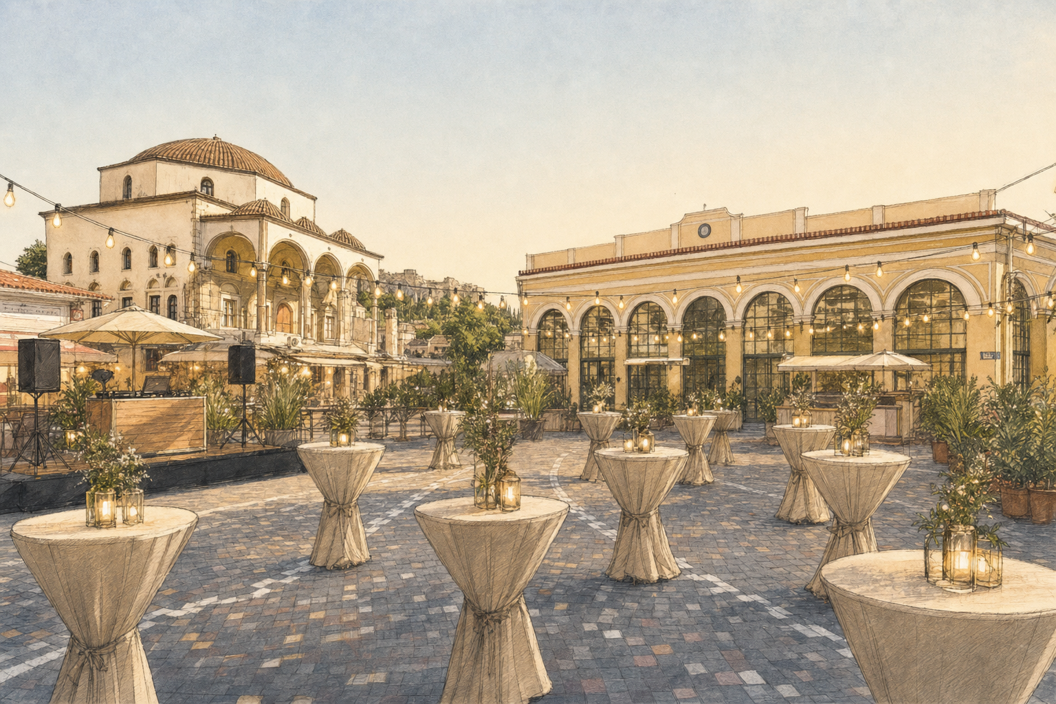 A visual in a quote: the square with cocktail tables and festoon lighting